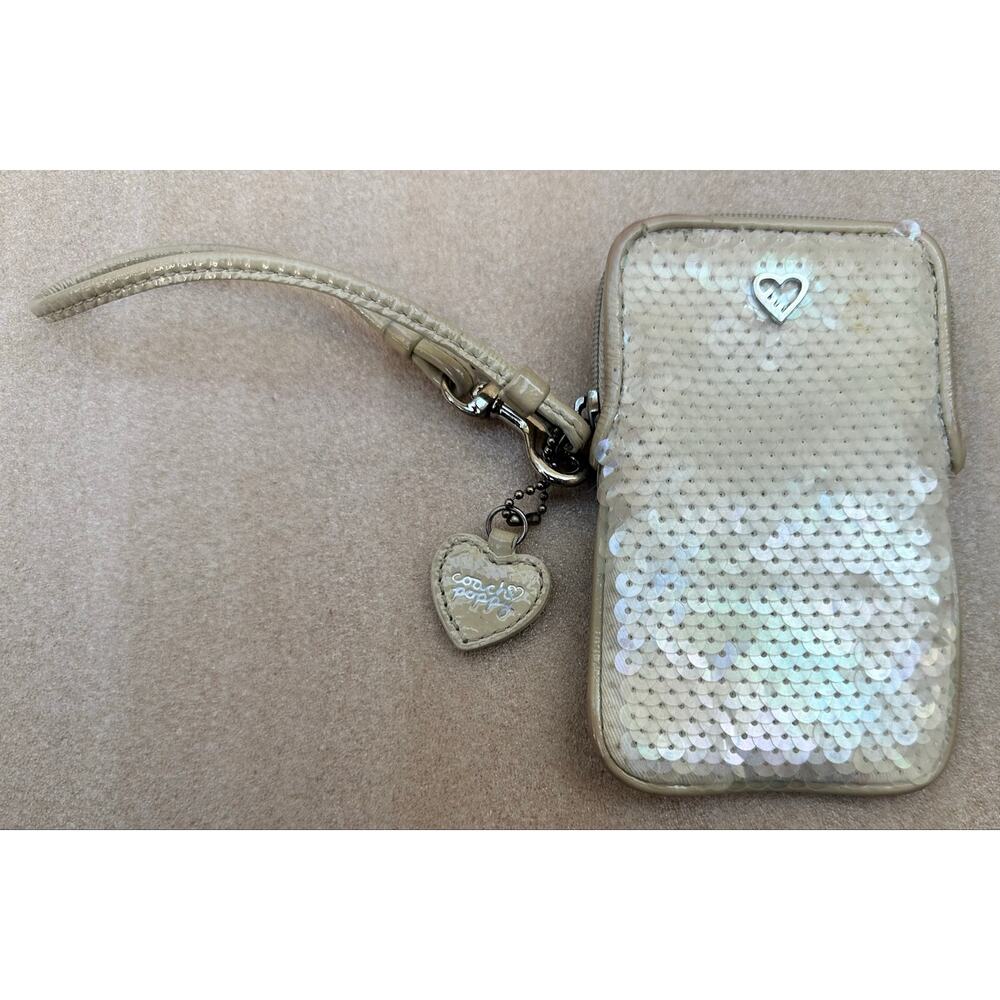 Coach Poppy Vintage Cream Iridescent Sequin Wristlet Mini Wallet Card Case Charm - Picture 3 of 9